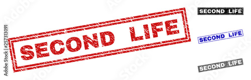 Grunge SECOND LIFE rectangle stamp seals isolated on a white background. Rectangular seals with grunge texture in red, blue, black and grey colors.