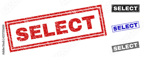 Grunge SELECT rectangle stamp seals isolated on a white background. Rectangular seals with grunge texture in red, blue, black and grey colors.