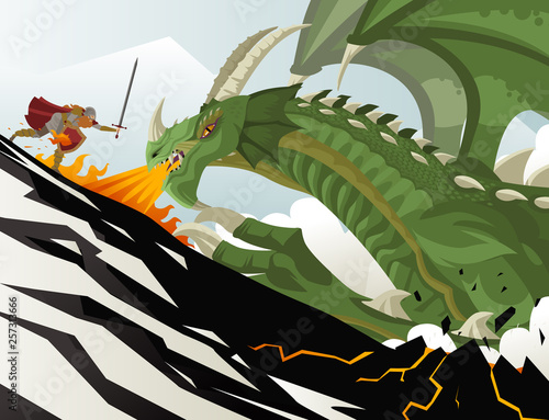 rpg fantasy knight fighting a green dragon in the mountain