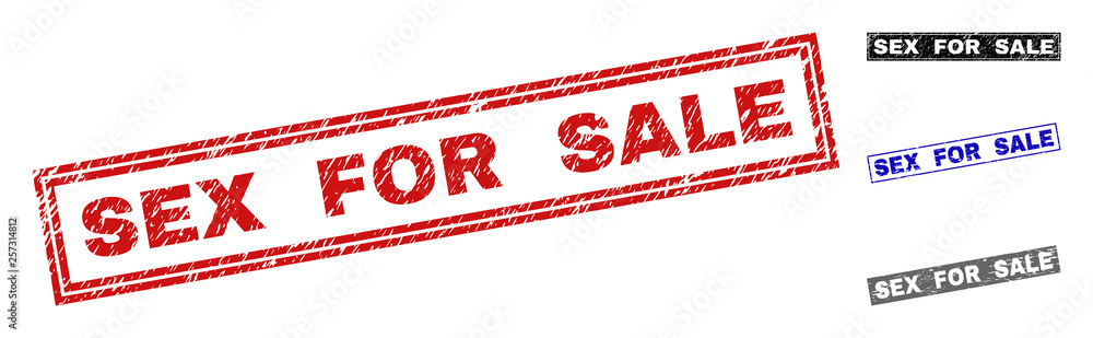 Grunge SEX FOR SALE rectangle stamp seals isolated on a white background. Rectangular seals with grunge texture in red, blue, black and grey colors. Grunge SEX FOR SALE rectangle stamp seals isolated on a white background. Rectangular seals with grunge texture in red, blue, black and grey colors.