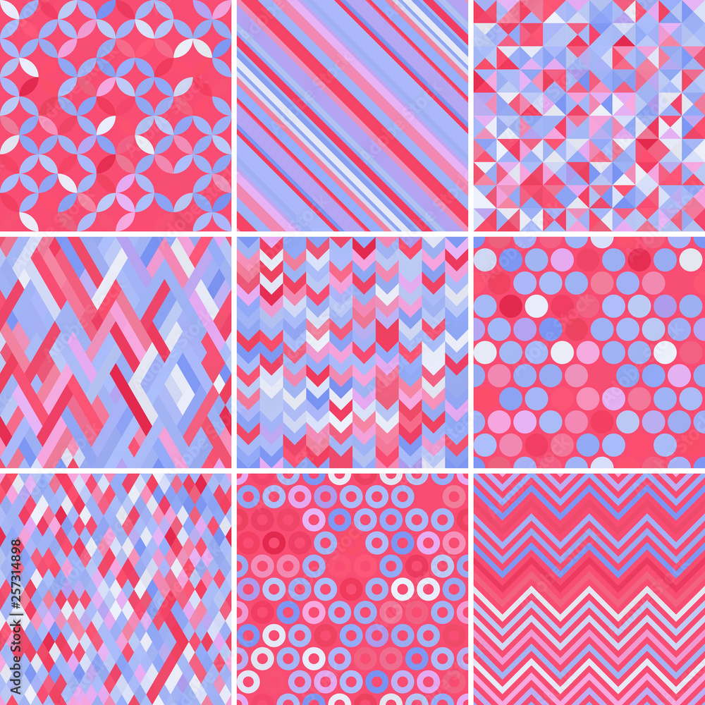 Set with nine seamless abstract geometric pattern, vector illustration. Violet, pink, blue colors. Set with nine seamless abstract geometric pattern, vector illustration. Violet, pink, blue colors.