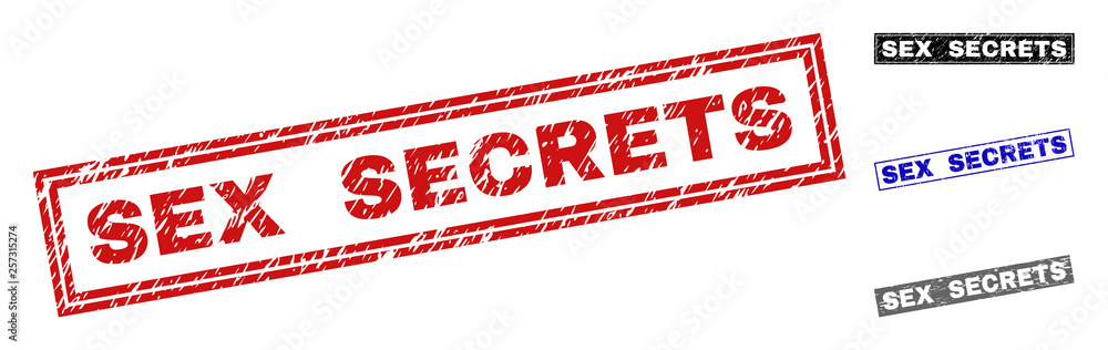Grunge SEX SECRETS rectangle stamp seals isolated on a white background. Rectangular seals with grunge texture in red, blue, black and gray colors. Grunge SEX SECRETS rectangle stamp seals isolated on a white background. Rectangular seals with grunge texture in red, blue, black and gray colors.
