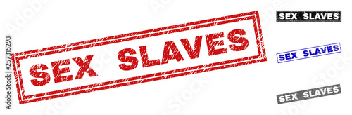 Grunge SEX SLAVES rectangle stamp seals isolated on a white background. Rectangular seals with distress texture in red, blue, black and gray colors.