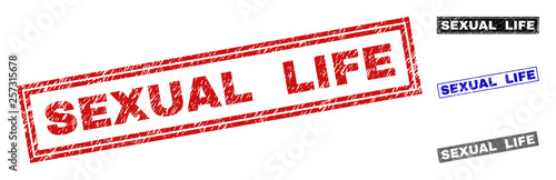 Grunge SEXUAL LIFE rectangle stamp seals isolated on a white background. Rectangular seals with grunge texture in red, blue, black and gray colors.