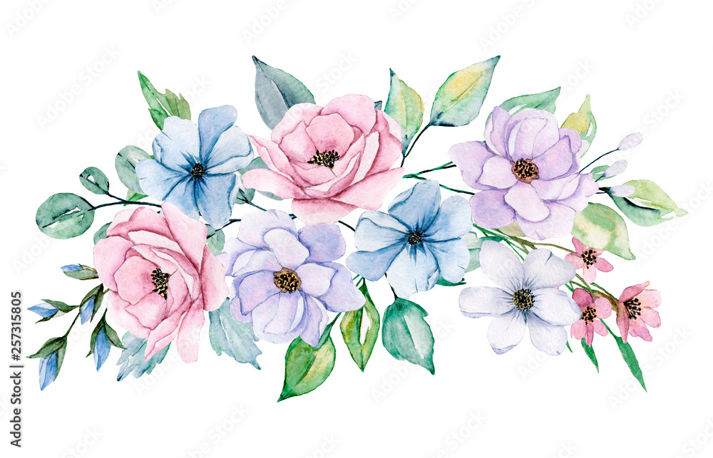 Obraz Watercolor flowers, pink, violet and blue peonies. Floral clip art. Perfectly for printing design on invitations, greeting cards, wall art and other. Isolated on white background. Hand painted.
