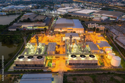 Aerial view of Electricity power plant in city at night.