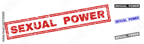 Grunge SEXUAL POWER rectangle stamp seals isolated on a white background. Rectangular seals with grunge texture in red, blue, black and grey colors.
