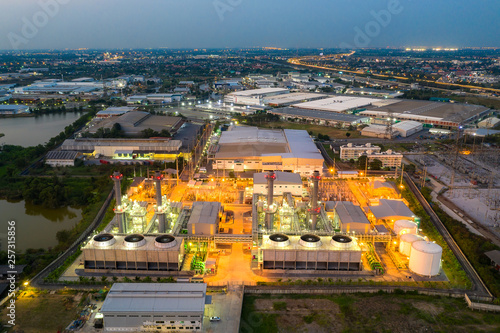 Aerial view of Electricity power plant in city at night.