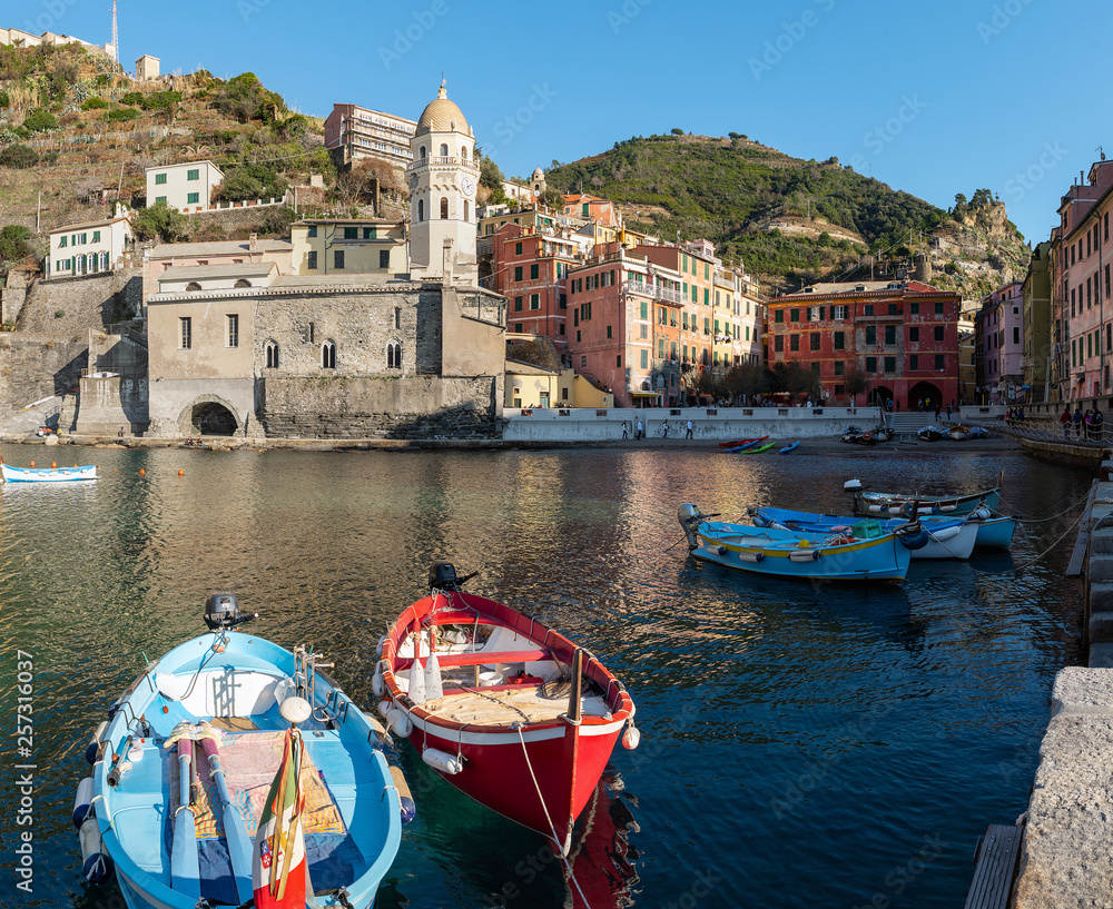 Small port with color fishing boats at Vernazza town, Cinque Terre, Italy