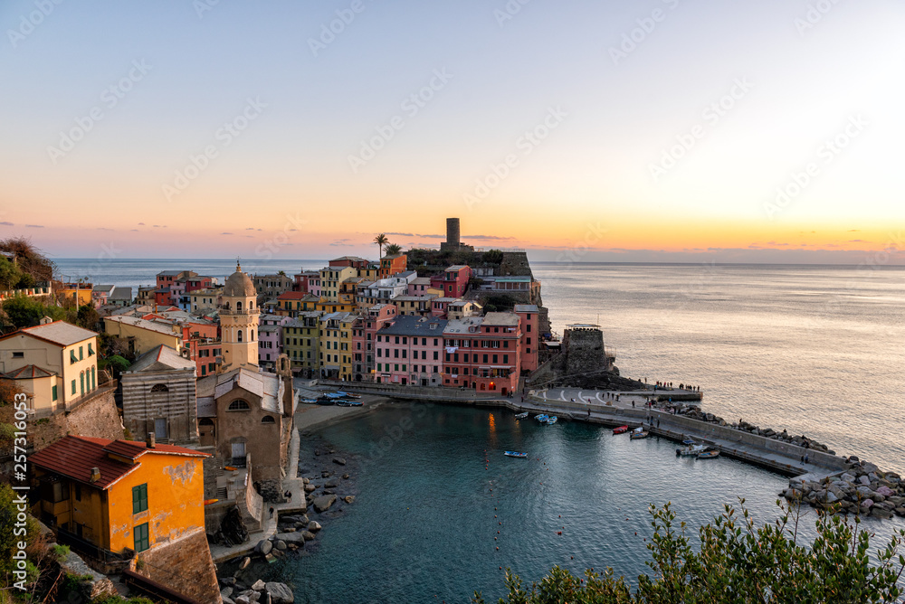 Aerial view on sunset over Vernazza town, Cinque Terre national park, Italy