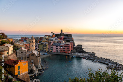Aerial view on sunset over Vernazza town  Cinque Terre national park  Italy