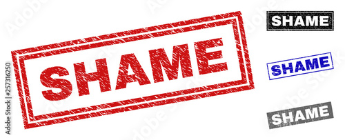 Grunge SHAME rectangle stamp seals isolated on a white background. Rectangular seals with grunge texture in red, blue, black and gray colors.