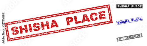 Grunge SHISHA PLACE rectangle stamp seals isolated on a white background. Rectangular seals with grunge texture in red, blue, black and gray colors.
