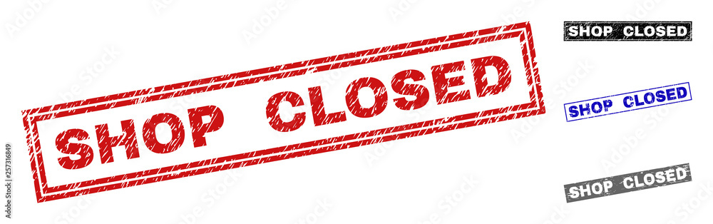 Grunge SHOP CLOSED rectangle stamp seals isolated on a white background. Rectangular seals with grunge texture in red, blue, black and grey colors. Grunge SHOP CLOSED rectangle stamp seals isolated on a white background. Rectangular seals with grunge texture in red, blue, black and grey colors.