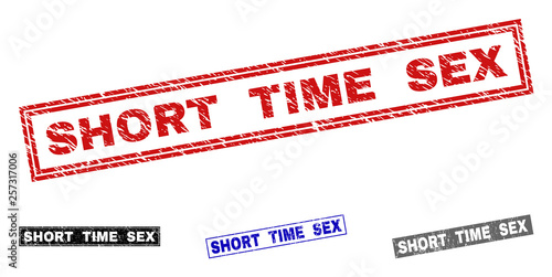 Grunge SHORT TIME SEX rectangle stamp seals isolated on a white background. Rectangular seals with grunge texture in red, blue, black and grey colors.