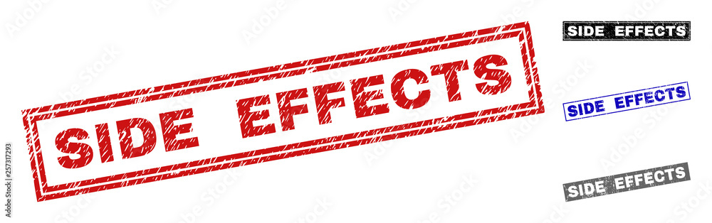 Grunge SIDE EFFECTS rectangle stamp seals isolated on a white background. Rectangular seals with grunge texture in red, blue, black and gray colors. Grunge SIDE EFFECTS rectangle stamp seals isolated on a white background. Rectangular seals with grunge texture in red, blue, black and gray colors.