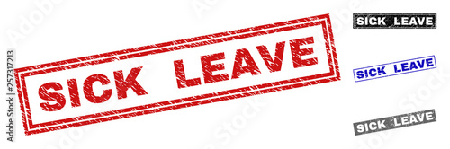 Grunge SICK LEAVE rectangle stamp seals isolated on a white background. Rectangular seals with distress texture in red, blue, black and grey colors.