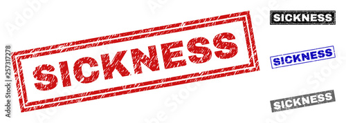 Grunge SICKNESS rectangle stamp seals isolated on a white background. Rectangular seals with grunge texture in red, blue, black and gray colors.