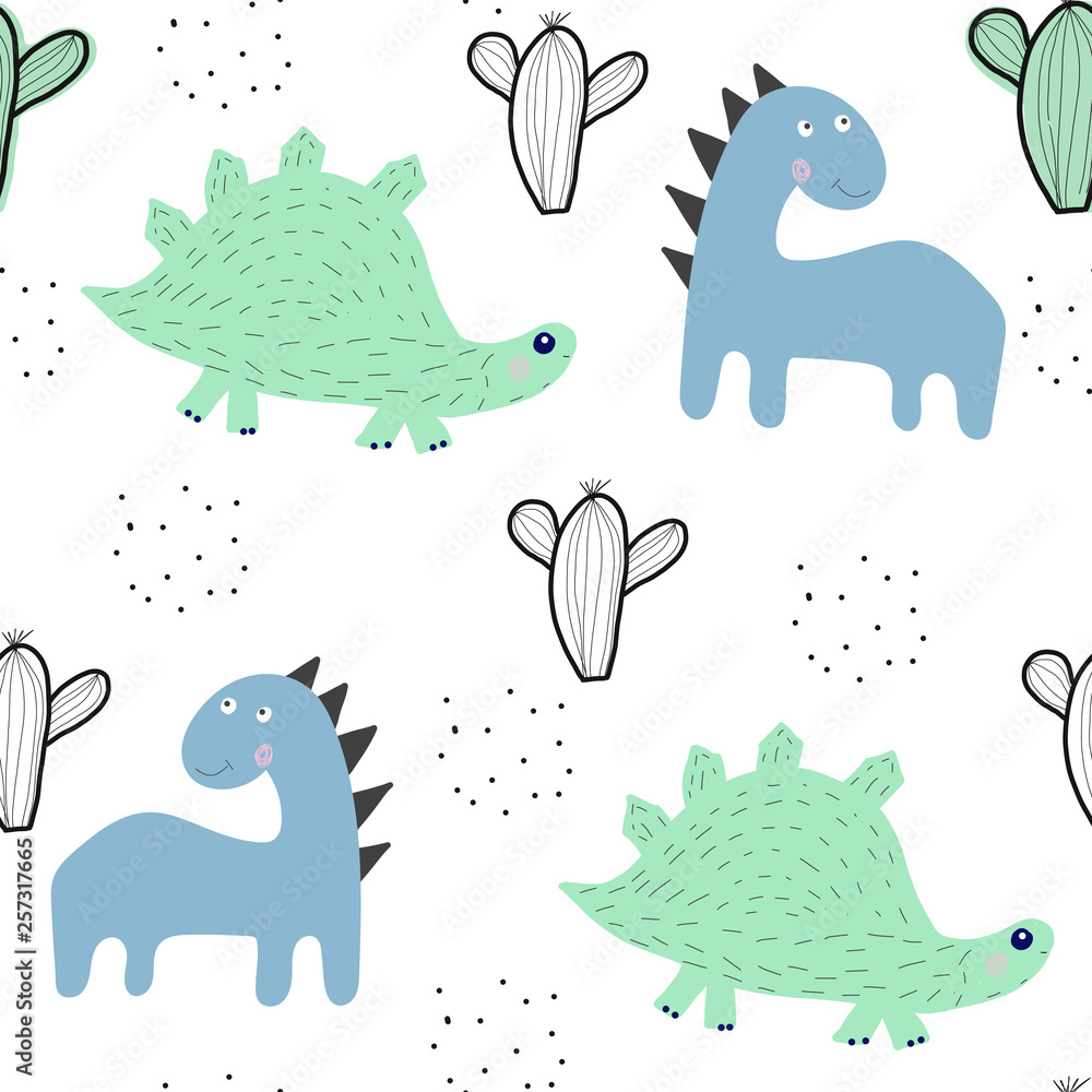 Seamless pattern with dinosaurs and cactus.