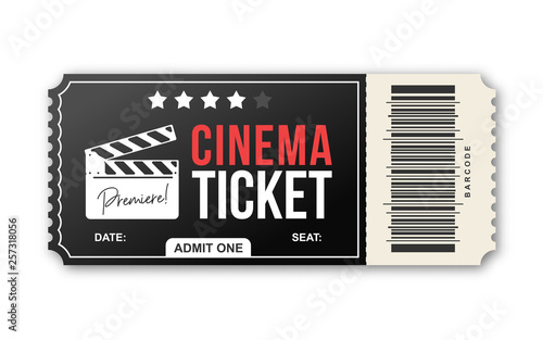 Cinema ticket on white background. Movie ticket template in black and red colors