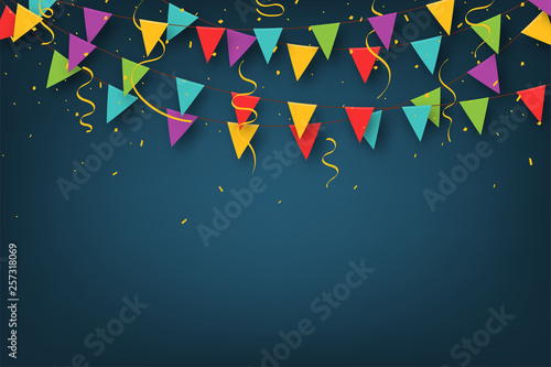 Carnival garland with pennants. Decorative colorful party flags with confetti for birthday celebration, festival