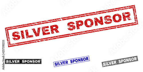 Grunge SILVER SPONSOR rectangle stamp seals isolated on a white background. Rectangular seals with grunge texture in red, blue, black and grey colors.
