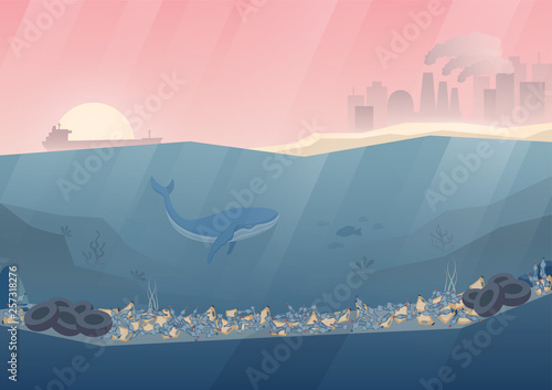 Ocean pollution flat vector illustration. Marine pollution. Whale underwater. Factory on the horizon.