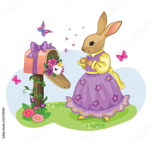 Vintage Easter poster with a cute rabbit or bunny. Romantic gift. Isolated cartoon illustration, suitable for print or sticker. Beautiful holiday postcard. Wonderland. Children's theme. Vector. 