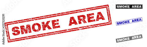 Grunge SMOKE AREA rectangle stamp seals isolated on a white background. Rectangular seals with grunge texture in red, blue, black and gray colors.