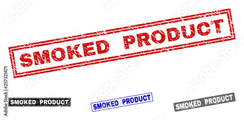 Grunge SMOKED PRODUCT rectangle stamp seals isolated on a white background. Rectangular seals with grunge texture in red, blue, black and grey colors.