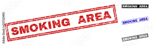 Grunge SMOKING AREA rectangle stamp seals isolated on a white background. Rectangular seals with grunge texture in red, blue, black and gray colors.