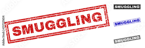 Grunge SMUGGLING rectangle stamp seals isolated on a white background. Rectangular seals with grunge texture in red, blue, black and gray colors.