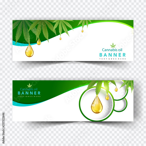 Banner plant and cannabis oil drop, bottle vector.