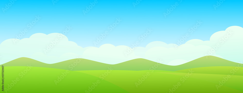 Beautiful green landscape with green meadow, mountain and blue sky