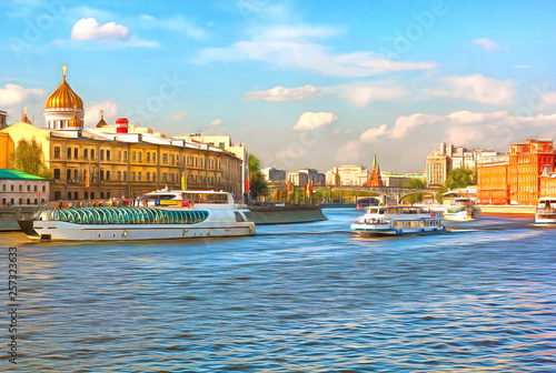 Watercolor cityscape. Tourist ships floating on the Moscow river.