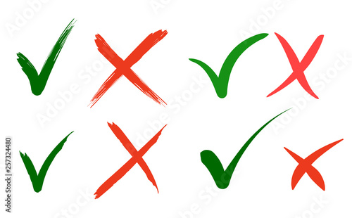 Hand written Do and Dont check tick mark and red cross checkbox icons lettering design isolated on white background. Vector Illustration