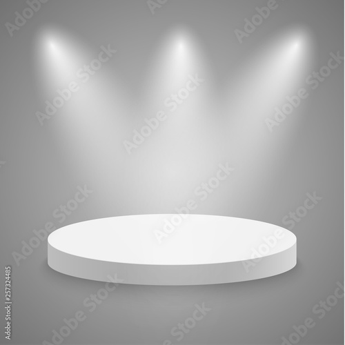 Round pedestal. Stage podium with lighting. Winner podium and Scene with for Award Ceremony concept. Stage backdrop on fog effect. vector Illustration