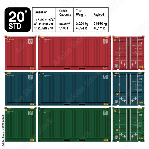 Container 20 ft. standard ( front ,side,back) . Dimension of the container is accurate refer to the table.