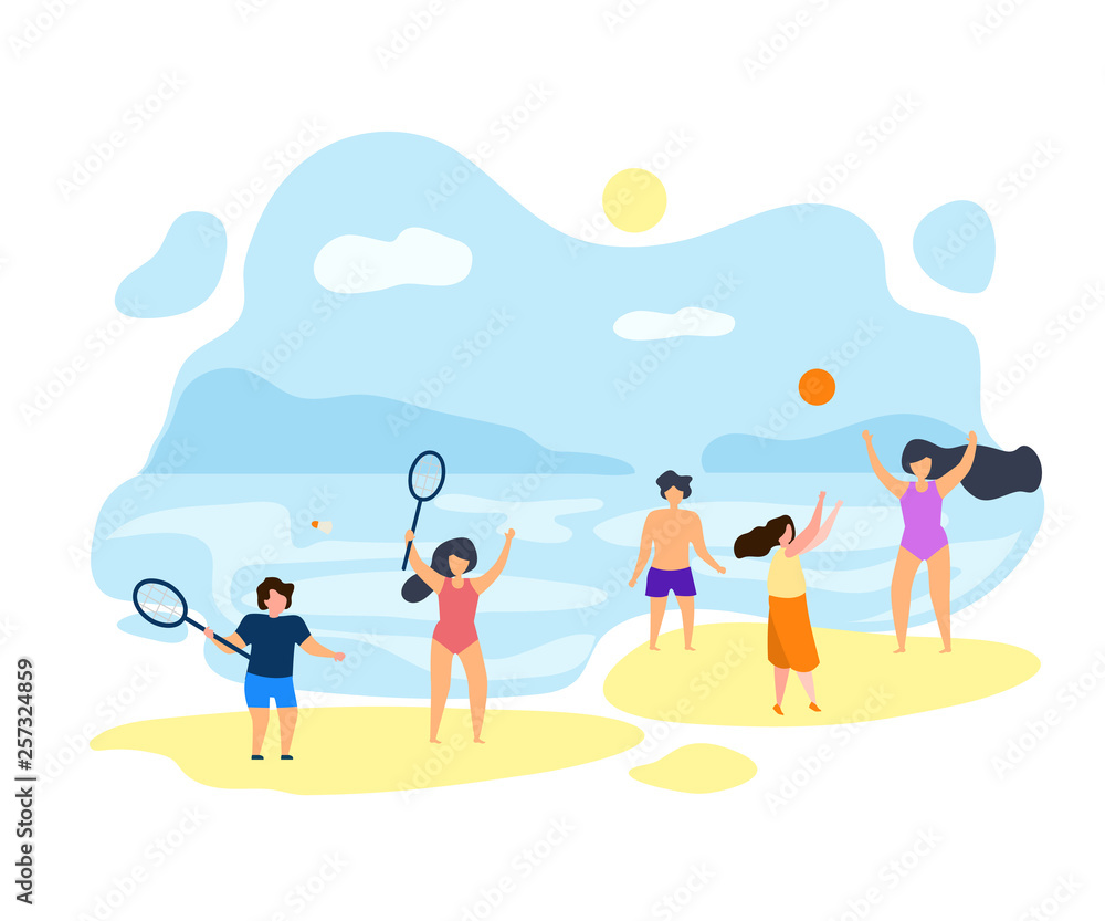 Guys Play Badminton in Summer on Beach Vector Flat