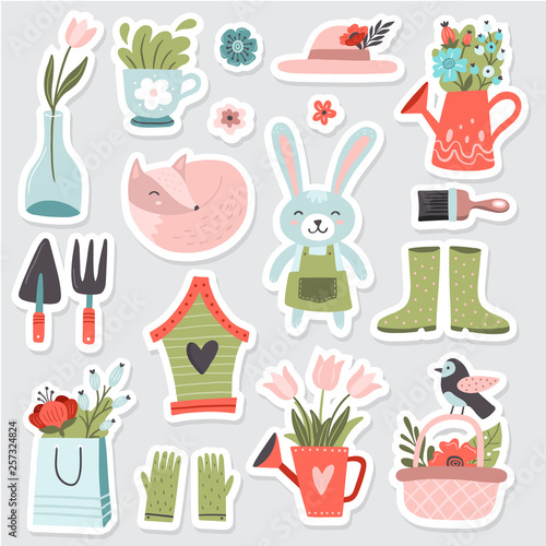 Funny hand-drawn garden set. Vector illustration. Cute bunny, fox, bird and many other garden elements with colorful spring flowers.