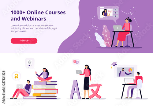 Online courses. Women and men working with laptops, learning languages and watching a video. Set of banners and backgrounds for site with a distance education theme. Vector illustration