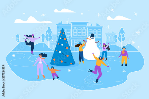 Flat Illustration Ice Rink on Big City Street.