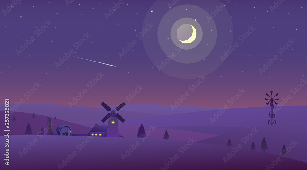 Vector illustration of night time nature landscape in the Countryside with Farm and a Crescent moon