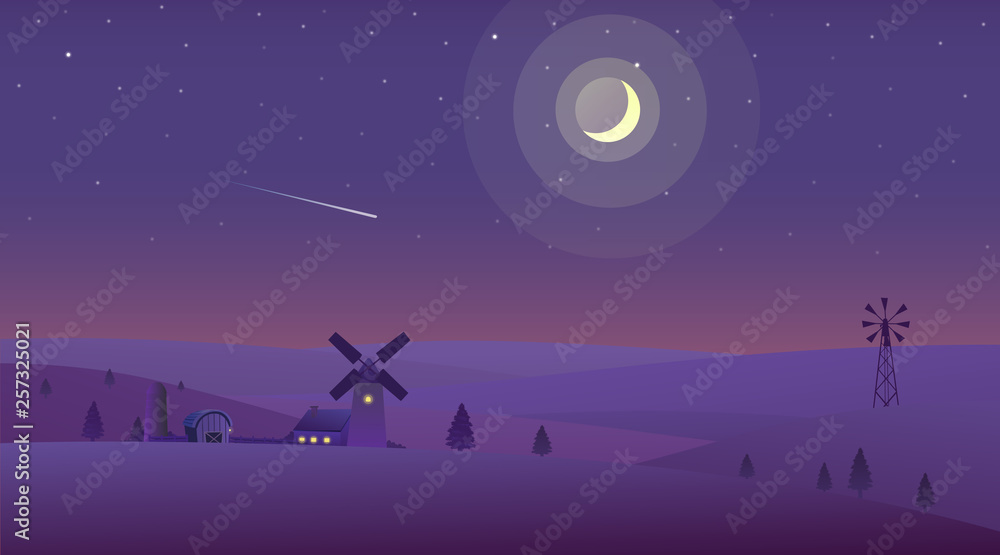 Vector illustration of night time nature landscape in the Countryside with Farm and a Crescent moon Vector illustration of night time nature landscape in the Countryside with Farm and a Crescent moon