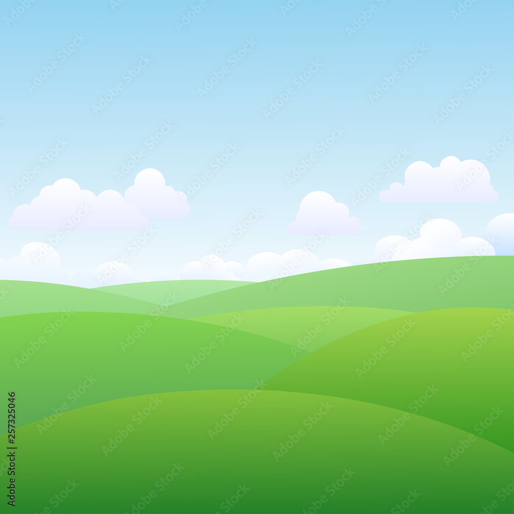 Beautiful green landscape with clouds, blue sky and green meadow