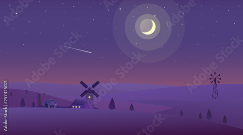 Vector illustration of night time nature landscape in the Countryside with Farm and a Crescent moon