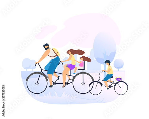 Parents Ride Tandem Bike with Small Daughter.