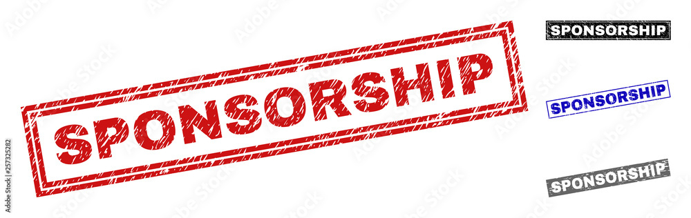 Grunge SPONSORSHIP rectangle stamp seals isolated on a white background. Rectangular seals with distress texture in red, blue, black and gray colors. Grunge SPONSORSHIP rectangle stamp seals isolated on a white background. Rectangular seals with distress texture in red, blue, black and gray colors.