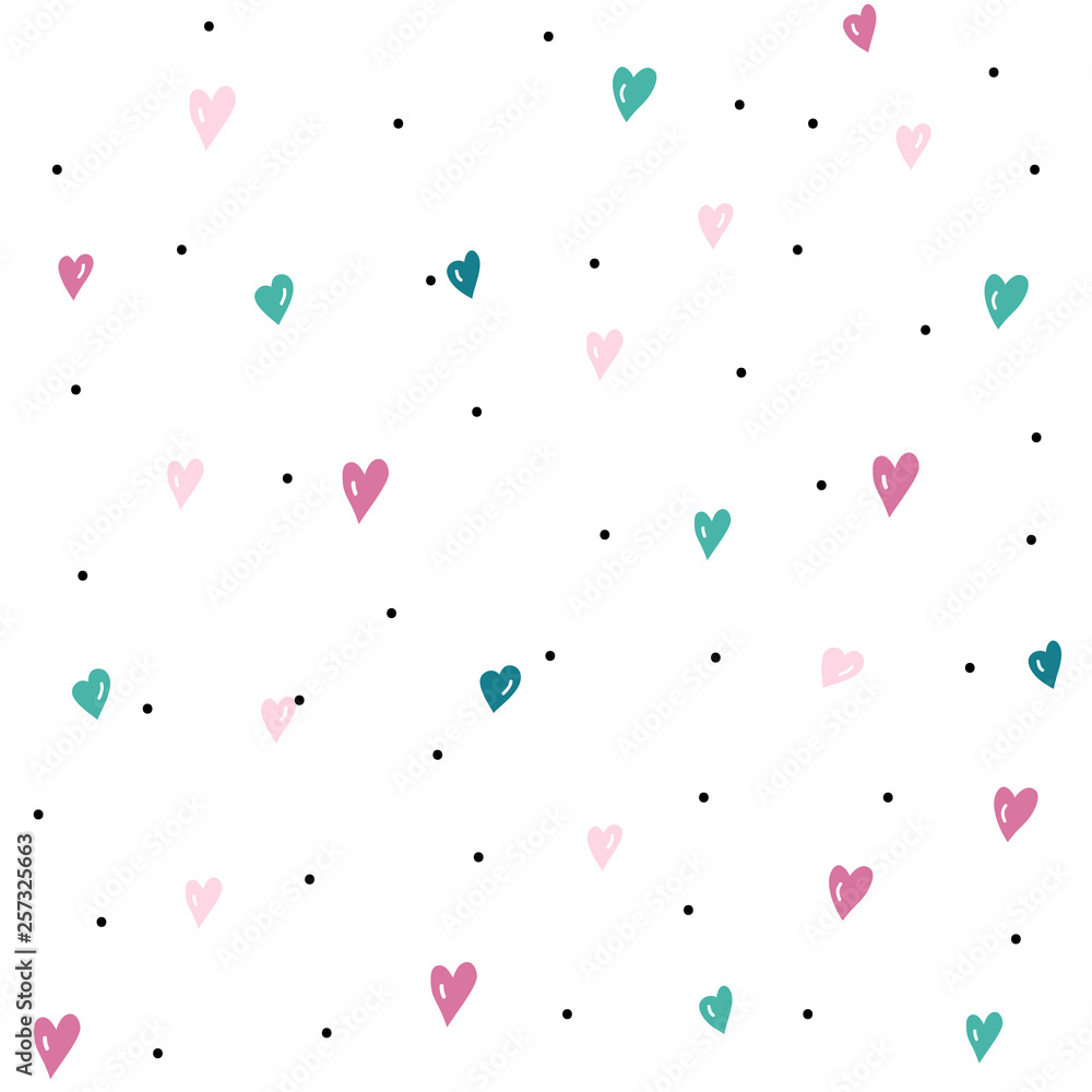 Seamless pattern with doodle hearts and small dots