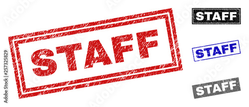 Grunge STAFF rectangle stamp seals isolated on a white background. Rectangular seals with grunge texture in red, blue, black and gray colors.
